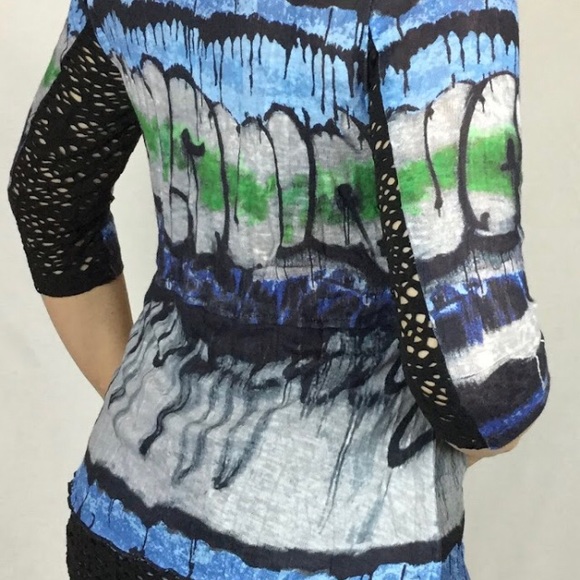 Blue green grey taupe long sleeved Adam Jacobs Women’s Top graffiti design - Picture 3 of 12